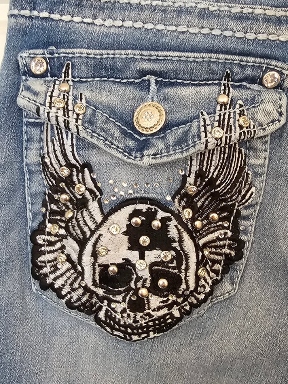 Mall Goth McBling Thick Stitch Skull Flap Pocket Rhinestone Bootcut Jeans 7/8
